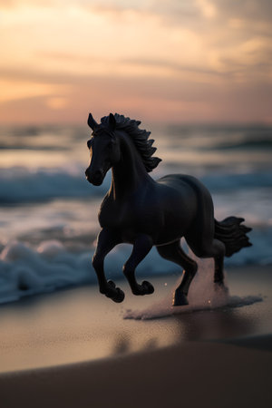 Silhouette of a black horse on the beach at sunset.の素材