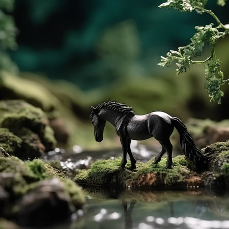 Horse figurine in the water on a green mossy backgroundの素材