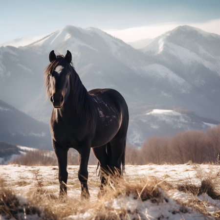 Horse in the mountains. Beautiful landscape with a horse in the winterの素材