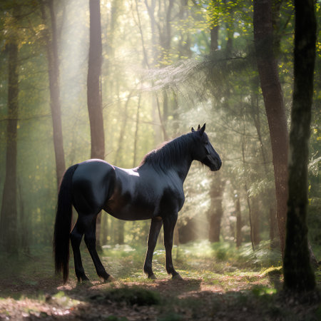 Black stallion in the forest at sunrise. Beautiful horse in the autumn forest.の素材