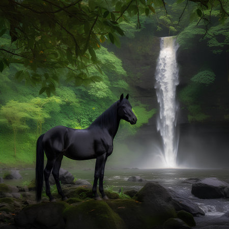Black horse in front of a waterfall in the jungle. 3d renderingの素材