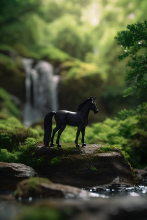 Black horse standing on a rock in front of a waterfall with copy spaceの素材