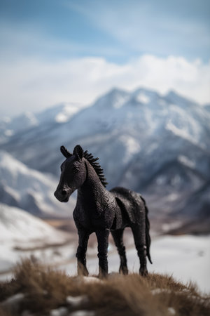 Figurine of a horse on the background of the snowy mountainsの素材