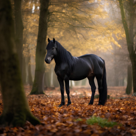 Black stallion in autumn forest. Friesian stallion.の素材