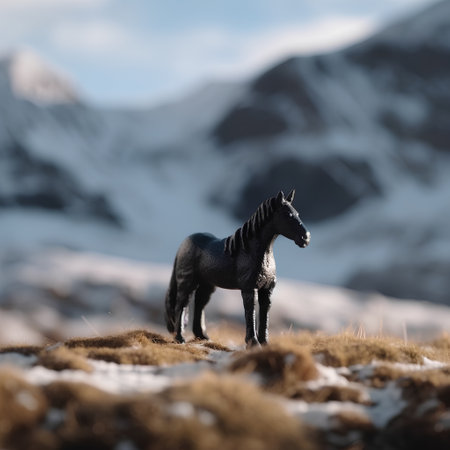 Black foal standing on the snow in the mountains in winter.の素材