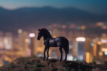 Horse figure in the soil with cityscape in the background at nightの素材