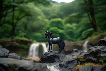 Horse statue and waterfall in the forest, 3d rendering.の素材