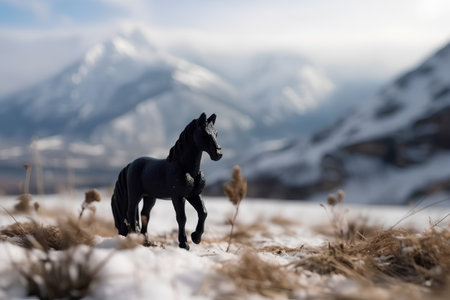 Black horse standing in the snow with mountains in the background. Selective focus.の素材