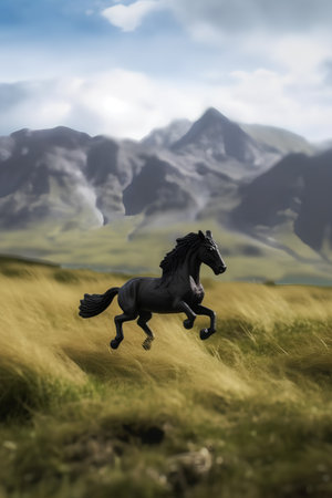 Horse running on the grass with mountains in the background, 3d renderの素材