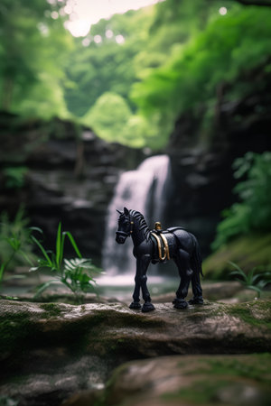 horse statue in the jungle with waterfall background,concept of travel and adventureの素材