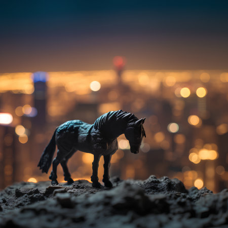 Miniature figure of a horse on the background of the night cityの素材