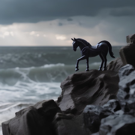 Horse statue on the rocks against stormy sea. 3d renderingの素材