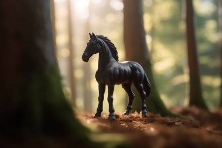 Black horse in the forest in the morning light. 3d renderingの素材