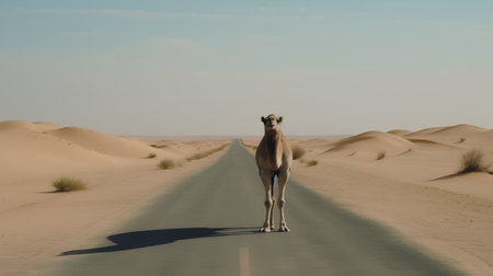 Dromedary on the road in the Sahara desert, Moroccoの素材
