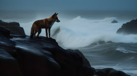 Red fox standing on the edge of a cliff and watching the wavesの素材