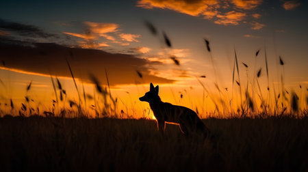 Dog silhouette in grass field at sunset, 3d render illustration.の素材