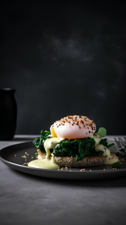 Egg benedict with spinach, poached egg and mustard on a black plateの素材