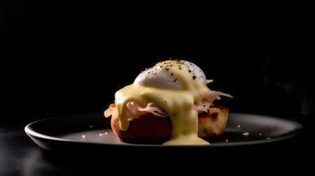 Egg benedict with hollandaise sauce on black backgroundの素材