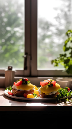 Sandwiches with poached eggs and tomatoes on a plate near the windowの素材