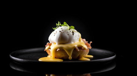 Poached egg with hollandaise sauce on a black backgroundの素材
