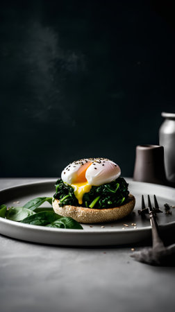 Poached egg on a toast with spinach and spinach on a dark backgroundの素材