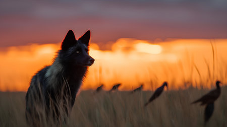 Silhouette of a wolf in the meadow at sunset.の素材