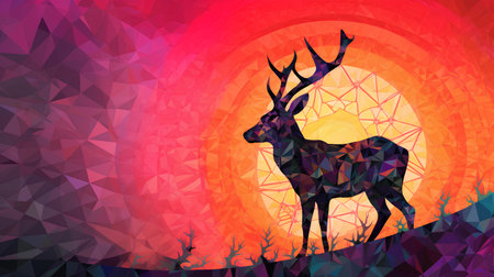 Silhouette of a deer in a low poly landscape. Vector illustrationの素材