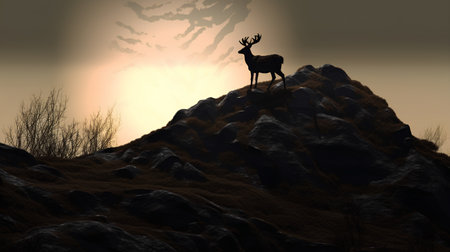 silhouette of a deer on a mountain in the light of sunsetの素材