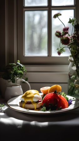 Eggs Benedict with tomato, mozzarella cheese and saladの素材