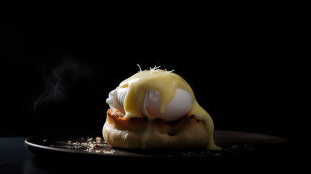 Egg Benedict with melted butter on black background, shallow depth of fieldの素材