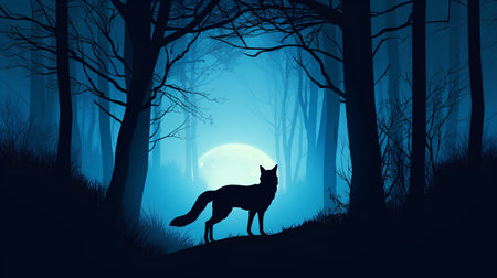 Silhouette of a wolf in the forest at night. Vector illustrationの素材
