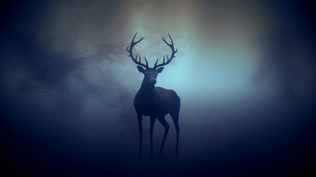 silhouette of a deer on a dark blue background with a patternの素材