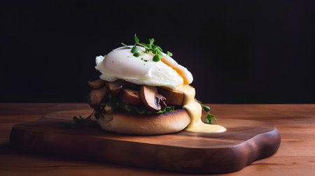 Burger with poached egg on wooden board, selective focus.の素材