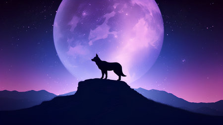 Silhouette of wolf on the background of the moon and stars. Vector illustrationの素材