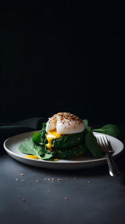 Healthy breakfast with poached eggs and spinach on a black backgroundの素材