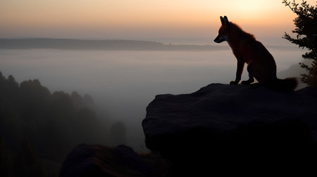 Silhouette of a fox on a rock in the morning mistの素材