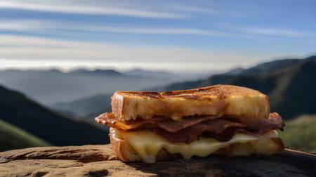 sandwich with bacon and cheese on the background of the mountains.の素材