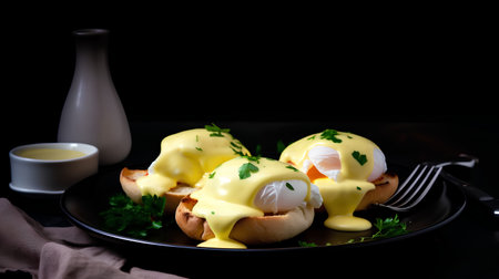 Eggs benedict with hollandaise sauce on black backgroundの素材