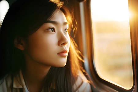 Beautiful asian woman looking out of the train window at sunsetの素材