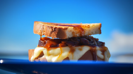 Sandwich with chocolate sauce and toasted bread on blue background.の素材