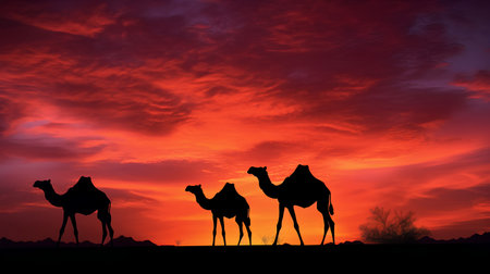 Silhouette of two camels on a background of red sunsetの素材