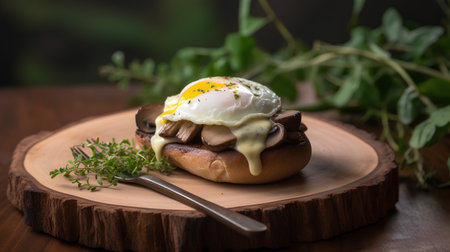 Sandwich with poached egg, mushrooms and herbs on wooden boardの素材