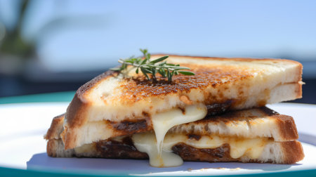 Toasted bread with cheese and rosemary on a blue plate.の素材