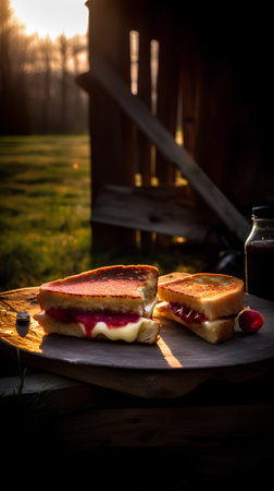 Sandwiches with berry jam on a wooden board in the gardenの素材