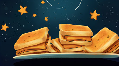 Illustration of a starry night with some toasted bread.の素材