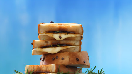 Toasted bread with cheese and herbs on blue background, closeupの素材