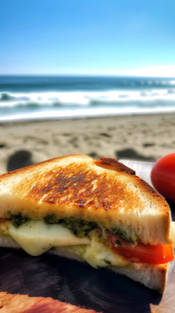 Sandwich with cheese and vegetables on the beach. Toned.の素材