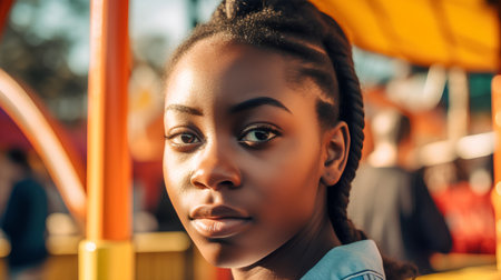 beautiful african american girl with braids looking away at amusement parkの素材