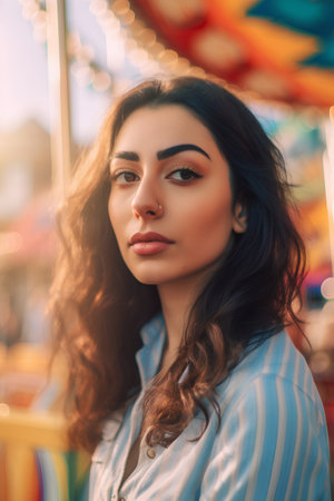 Closeup portrait of a beautiful young woman with long curly hair, in a blue striped shirt, posing on the background of an amusement park.の素材