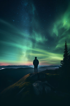 Man standing on the top of the mountain and watching the Aurora borealis.の素材